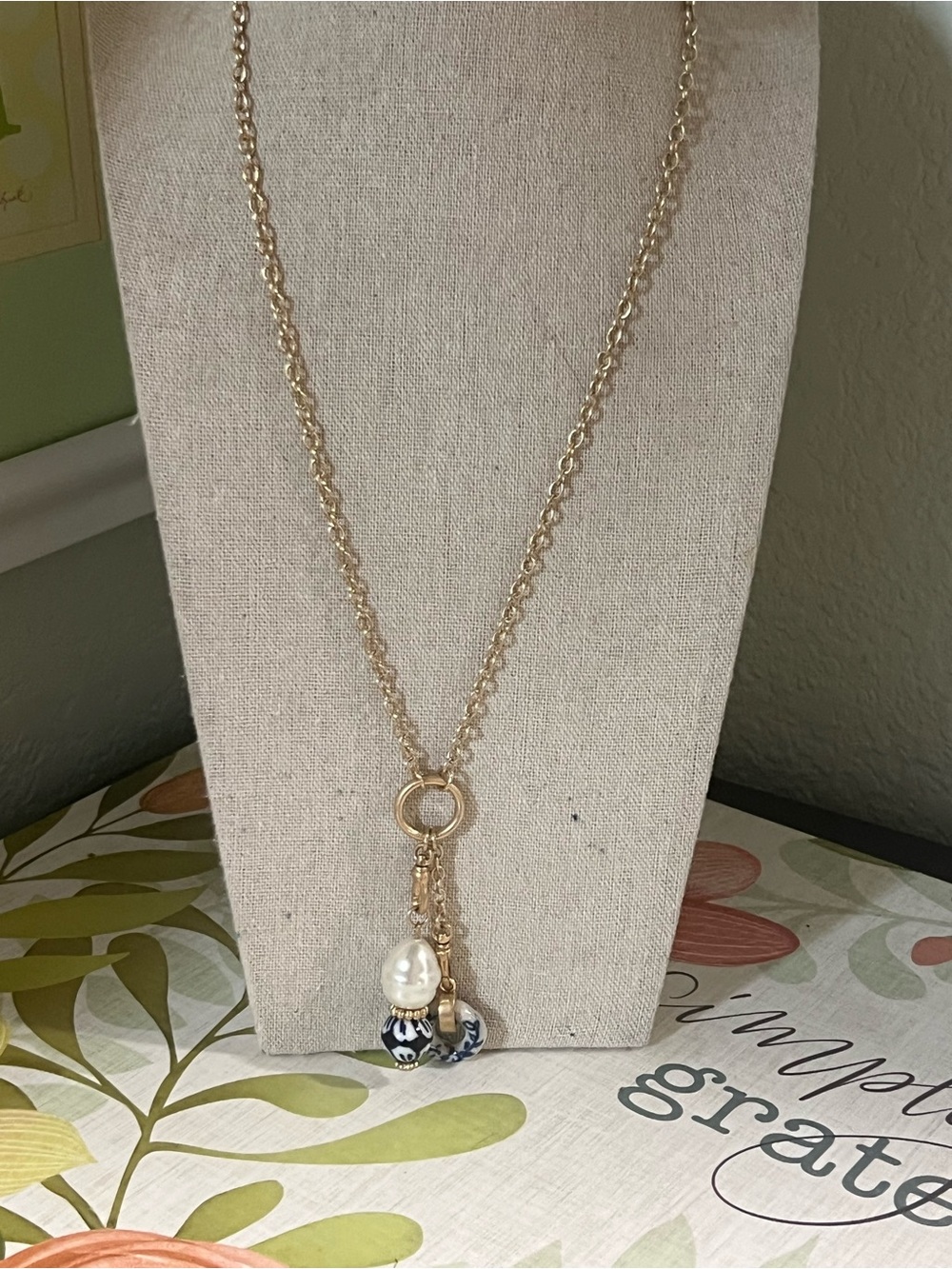 Patricia Nash Gold-Tone Necklace with Pearl and Navy Bead Charms